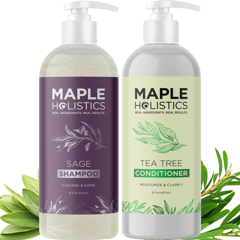 Maple Holistics front packaging showing the tea tree and sage set benefits