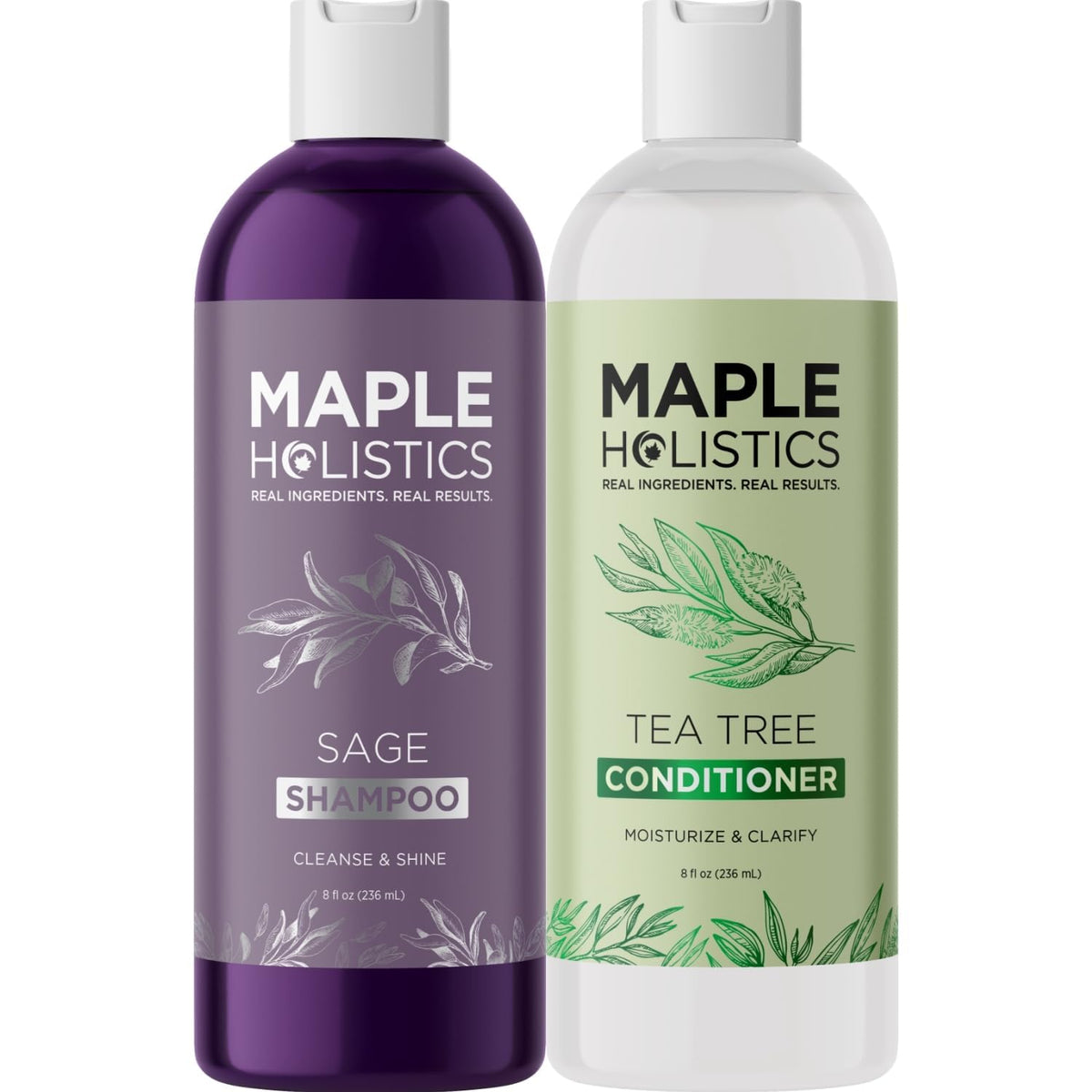 Maple Holistics front packaging showing tea tree sage set and clear benefit of gentle cleansing