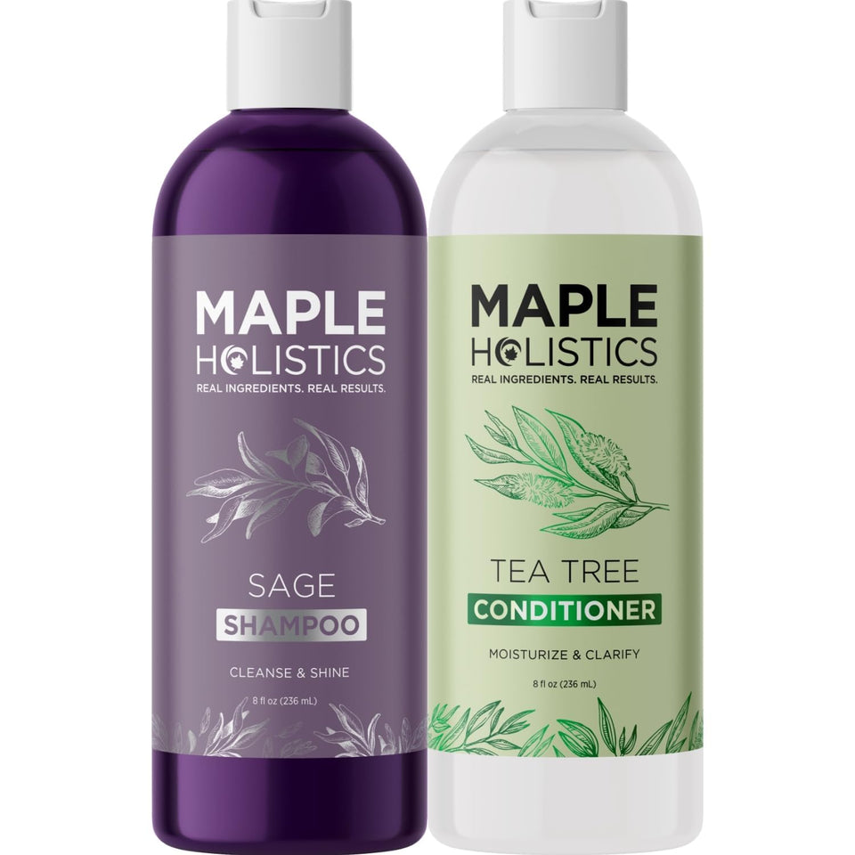 Maple Holistics front packaging showing tea tree sage set and clear benefit of gentle cleansing