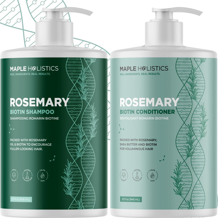 Maple Holistics front packaging showing volumizing biotin set, promotes fuller-looking hair