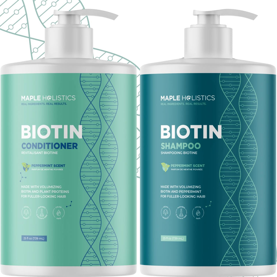 Maple Holistics front bottle showing volumizing biotin benefits