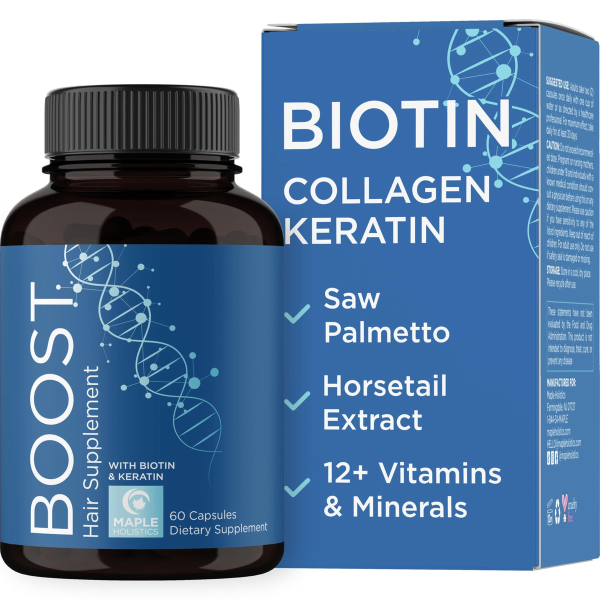 Maple Holistics front packaging showing bottle and label benefits