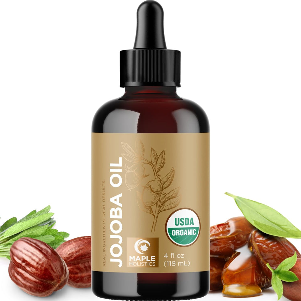 Maple Holistics jojoba oil front packaging showing pure organic bottle benefits
