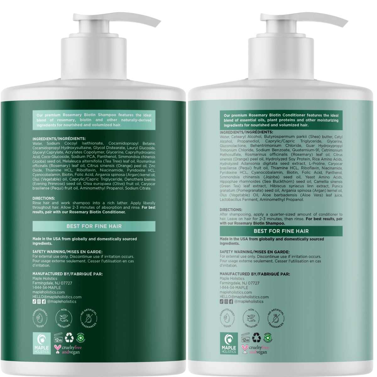 Maple Holistics label with rosemary and tea tree callouts, emphasizes botanical ingredients