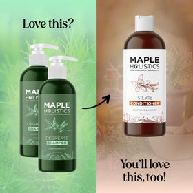 Maple Holistics bottle on bathroom shelf illustrating daily routine