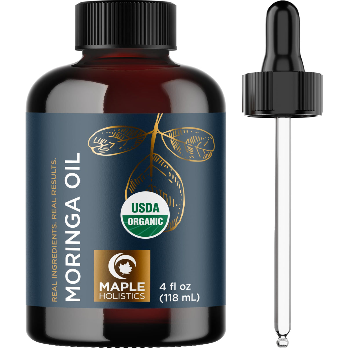 Maple Holistics bottle front view showing organic moringa oil hydration benefits