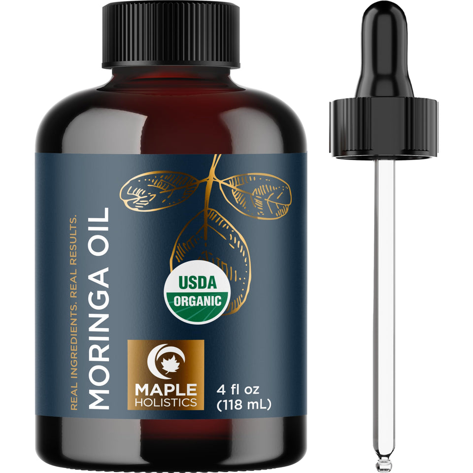 Maple Holistics bottle front view showing organic moringa oil hydration benefits