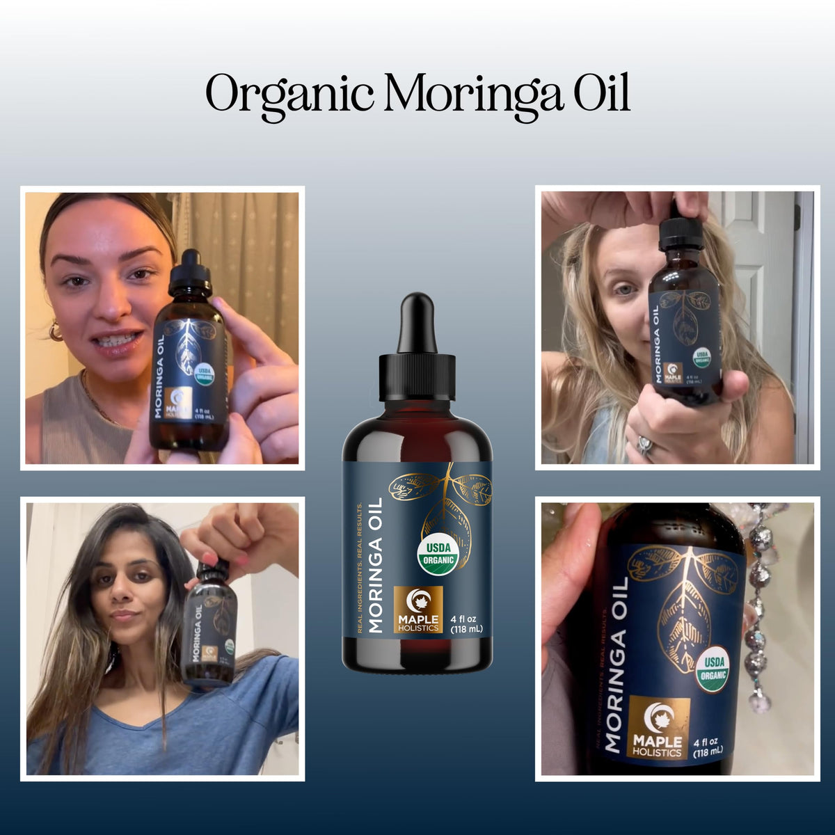 Maple Holistics moringa oil pouring from bottle illustrating smooth pour benefit