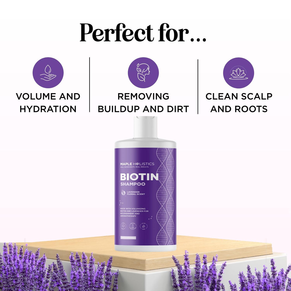 Maple Holistics bottle displayed on shower shelf for everyday volumizing routine