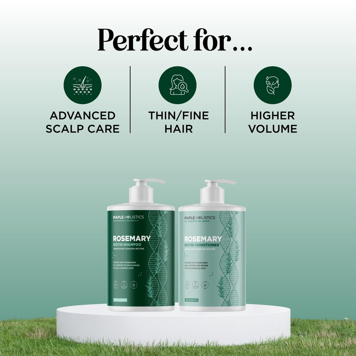 Maple Holistics duo on bathroom shelf in lifestyle scene, suggests daily routine ease