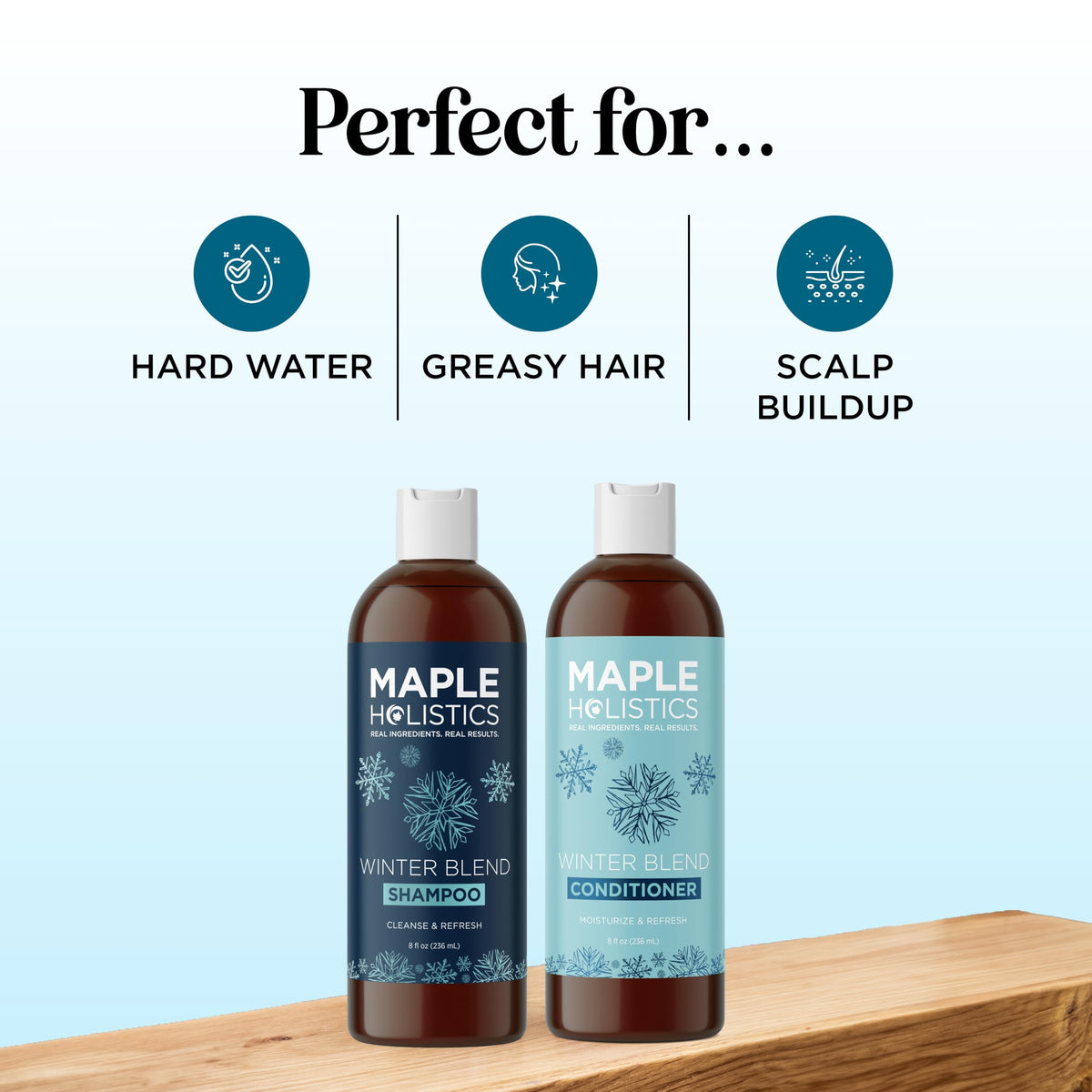 Maple Holistics shampoo and conditioner staged in bathroom to show real-use convenience
