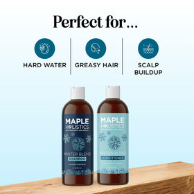 Maple Holistics shampoo and conditioner staged in bathroom to show real-use convenience