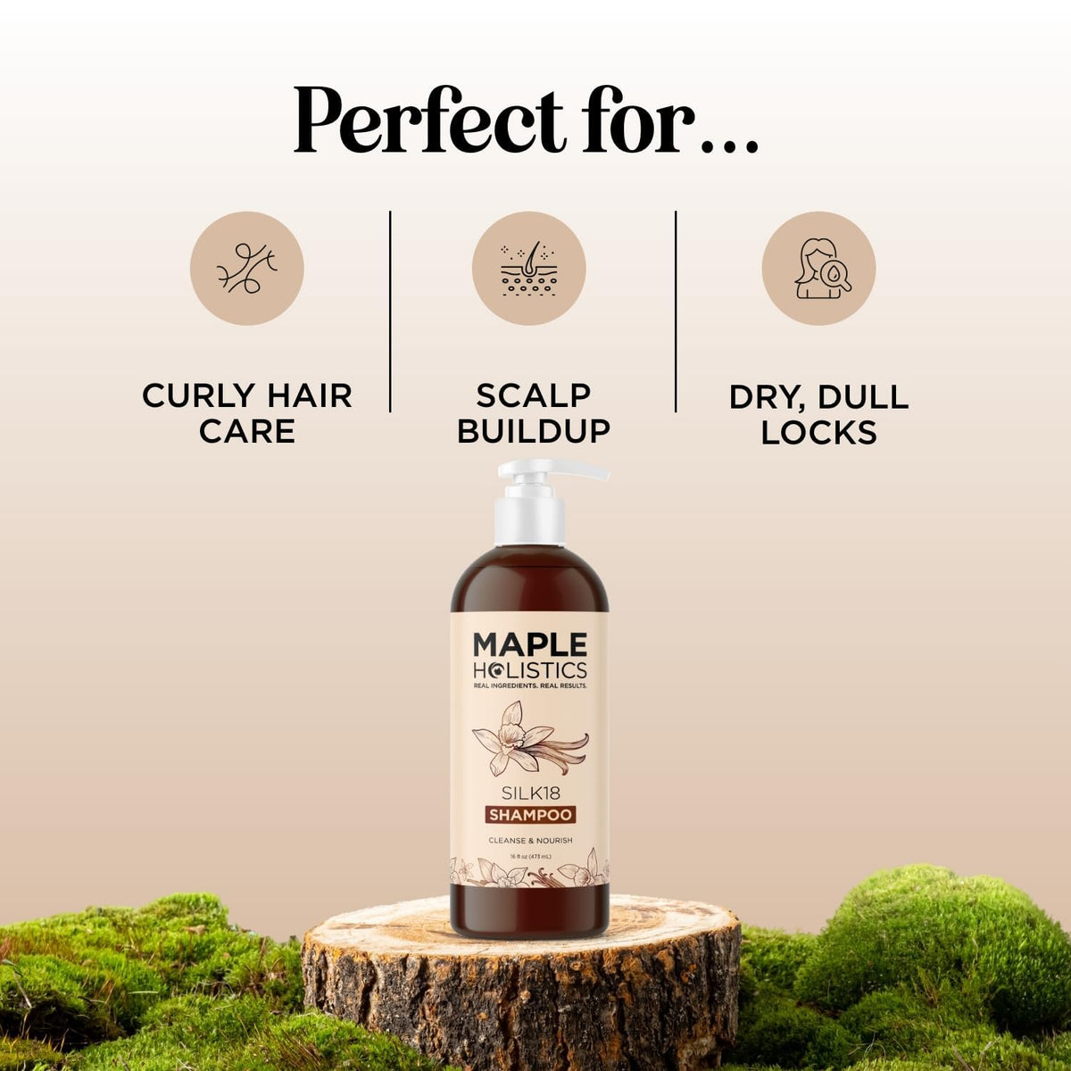Maple Holistics pump and label detail highlighting sulfate-free ingredient benefits