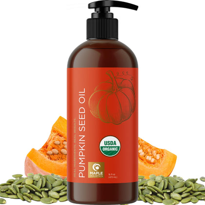 Maple Holistics front packaging of pumpkin seed oil showing organic label and 16oz benefit