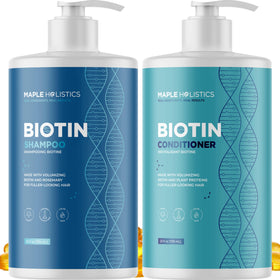 Maple Holistics front packaging showing volumizing shampoo and conditioner benefits