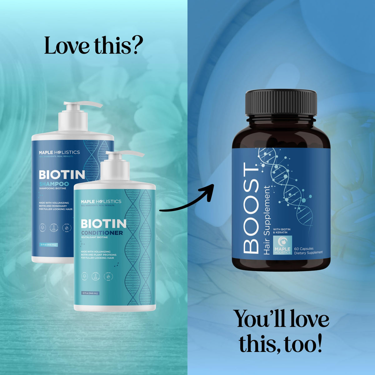 Maple Holistics rosemary and biotin ingredients highlighting natural boost