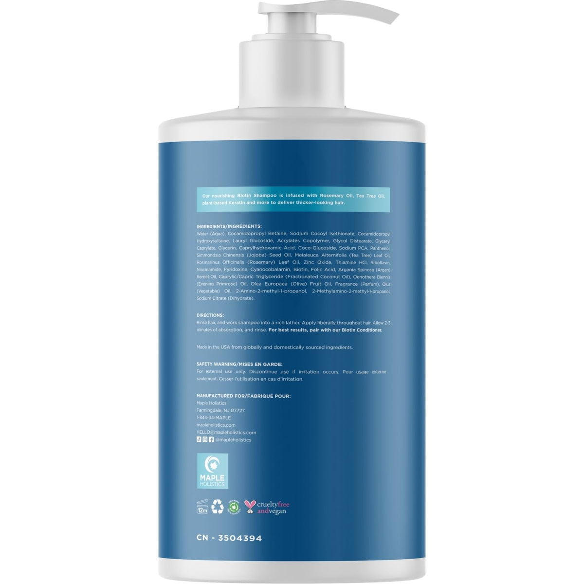 Maple Holistics label close-up highlighting biotin and rosemary benefits