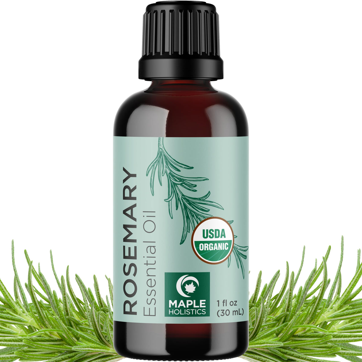 Maple Holistics rosemary oil front packaging showing bottle and brand benefit