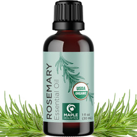 Maple Holistics rosemary oil front packaging showing bottle and brand benefit