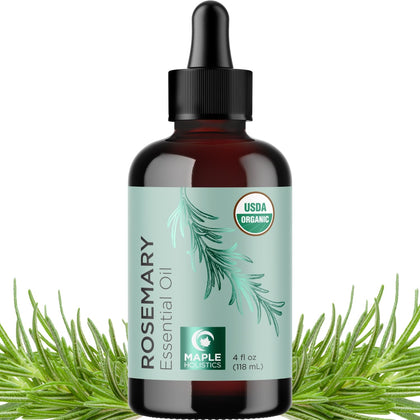 Maple Holistics bottle front label showing organic rosemary oil and benefits