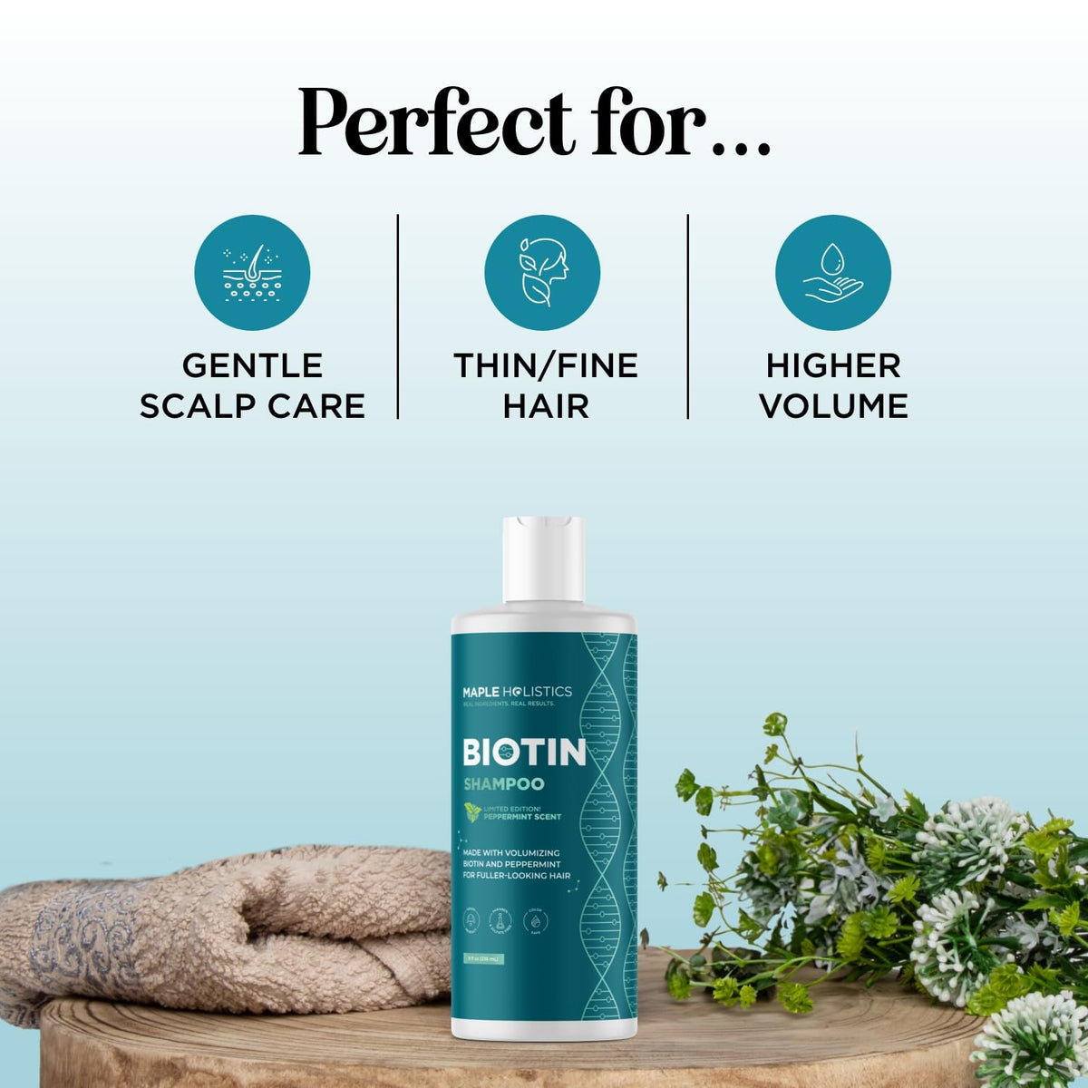 Maple Holistics in-shower use showing peppermint refresh and scalp-invigorating benefit