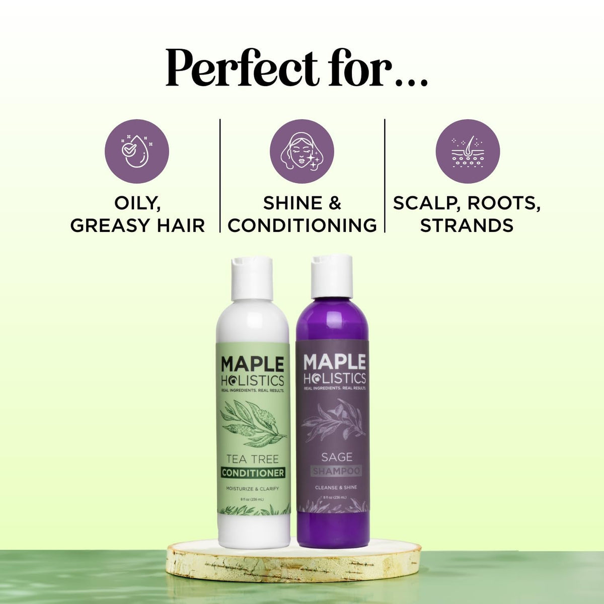 Maple Holistics shampoo pouring with foam highlighting clarifying action and clean scalp feel