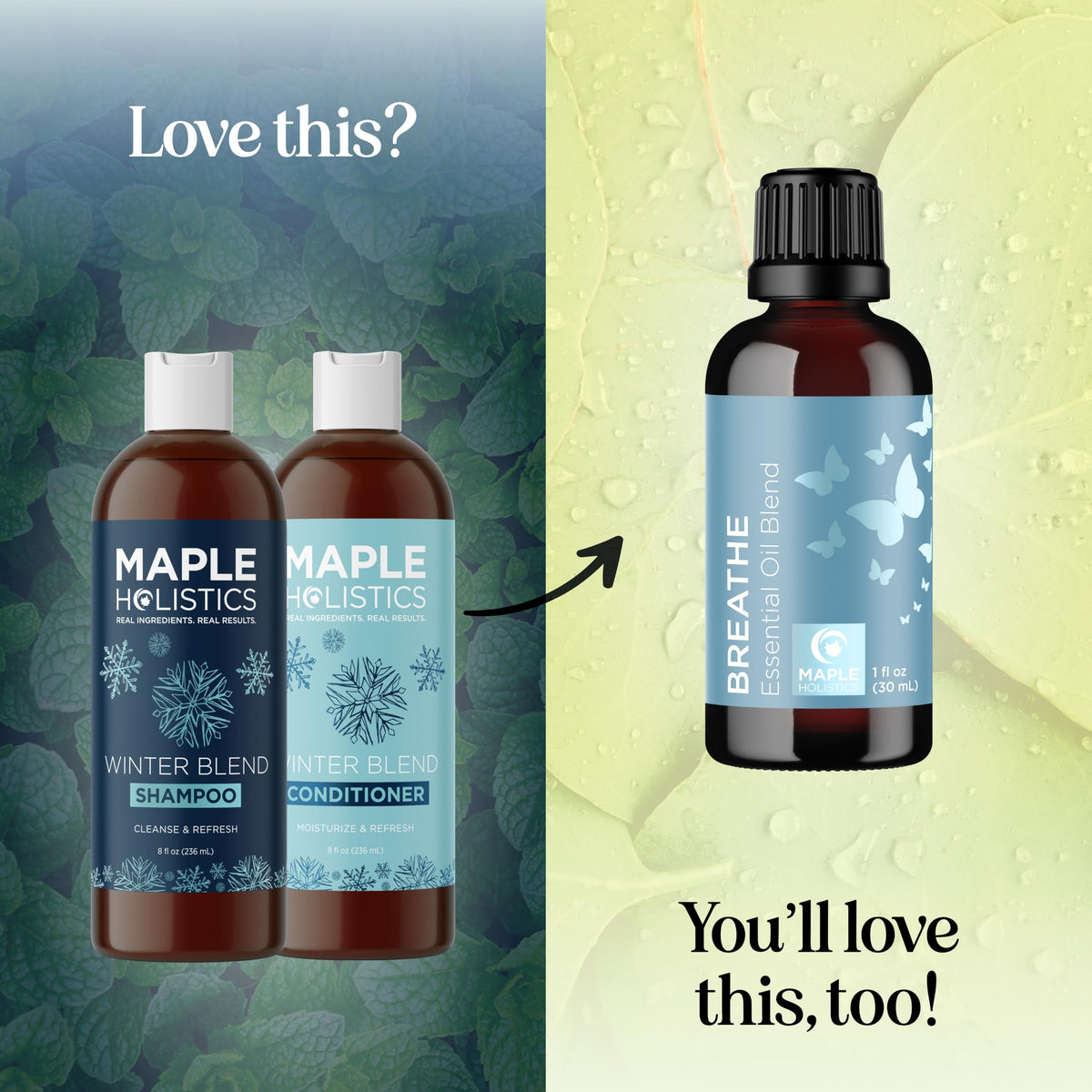 Maple Holistics bottles held in hand to illustrate compact size and travel-friendly benefit