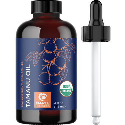 Maple Holistics front bottle view showing organic tamanu oil purity and versatile use