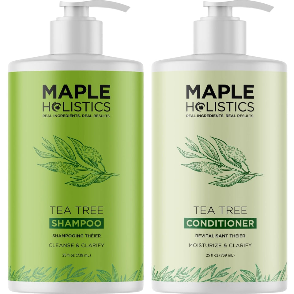Maple Holistics front packaging showing the tea tree shampoo and conditioner set for clear scalp