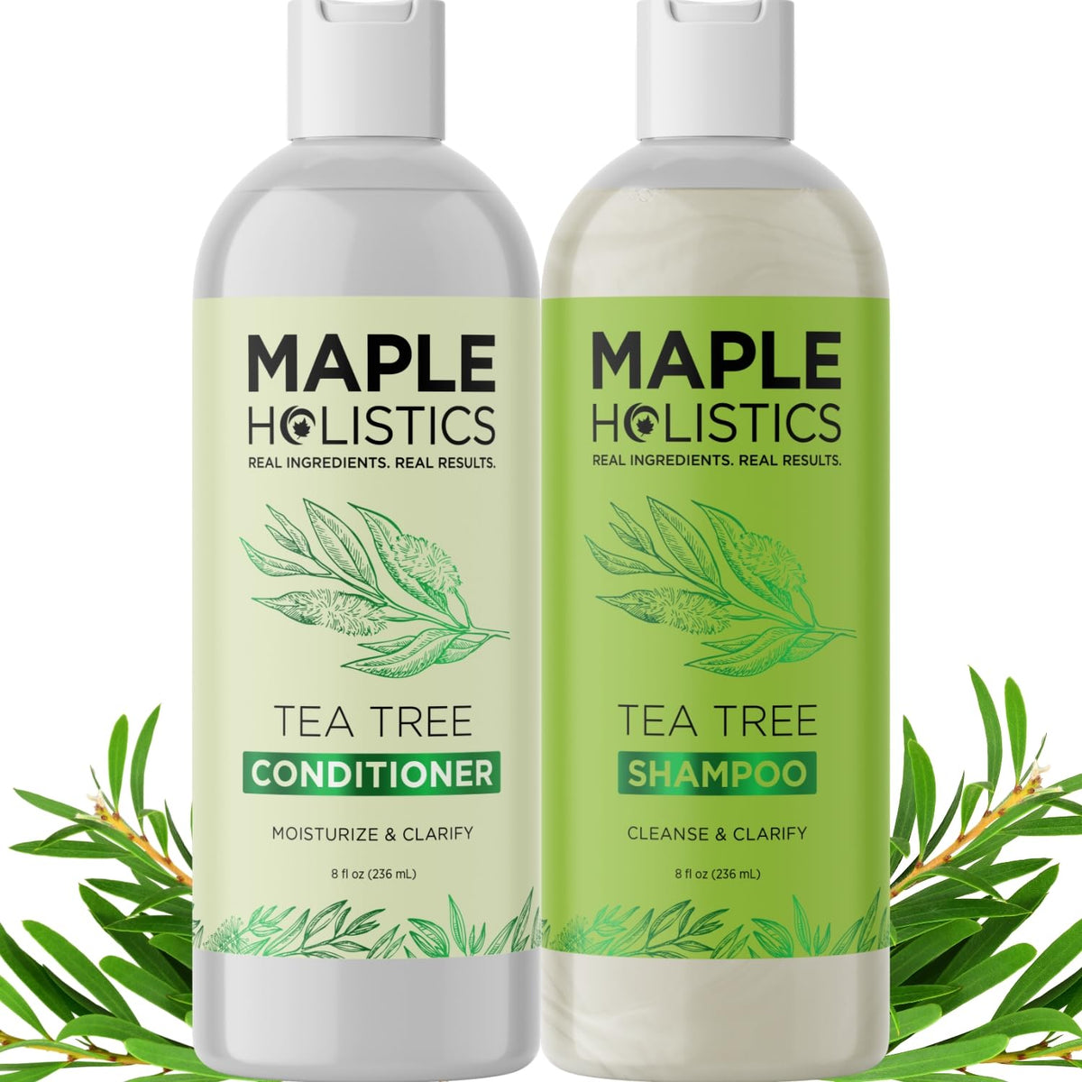Maple Holistics front packaging showing clarifying tea tree set benefits
