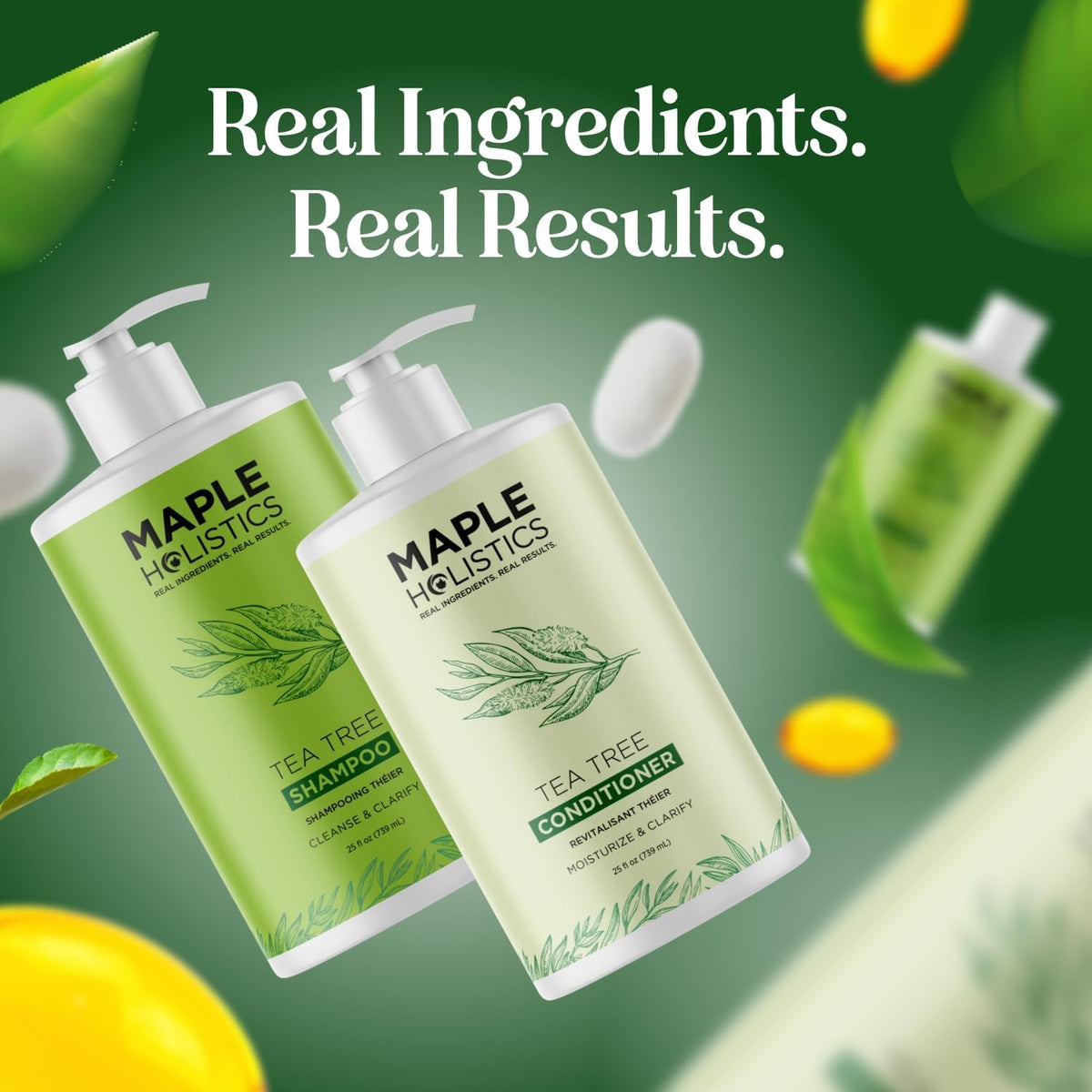 Maple Holistics lifestyle image in bathroom use portraying refreshed scalp and manageable hair