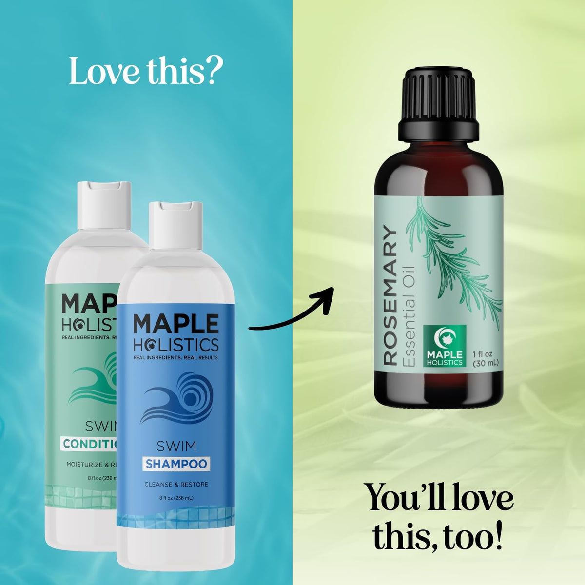 Maple Holistics tea tree and rosemary oils ingredient display for nourishment
