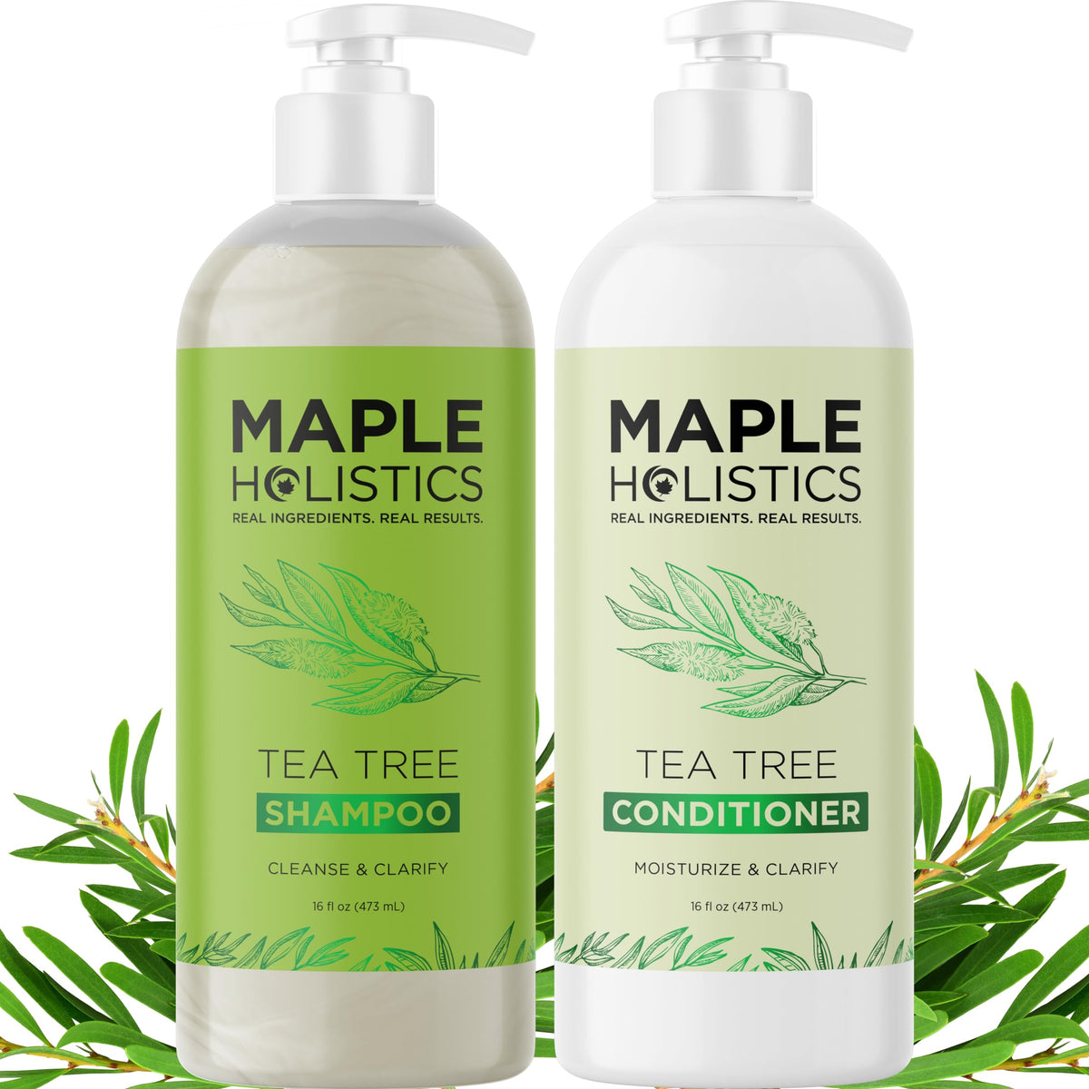 Maple Holistics front packaging showing tea tree shampoo and conditioner set refreshing scalp