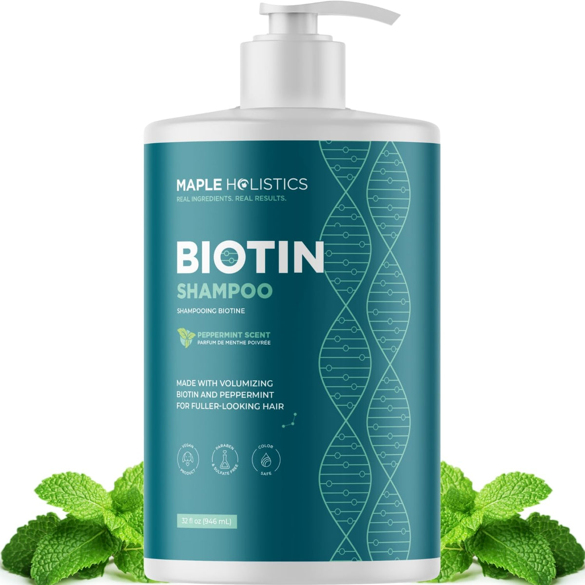 Maple Holistics front bottle view showing label and volume benefit