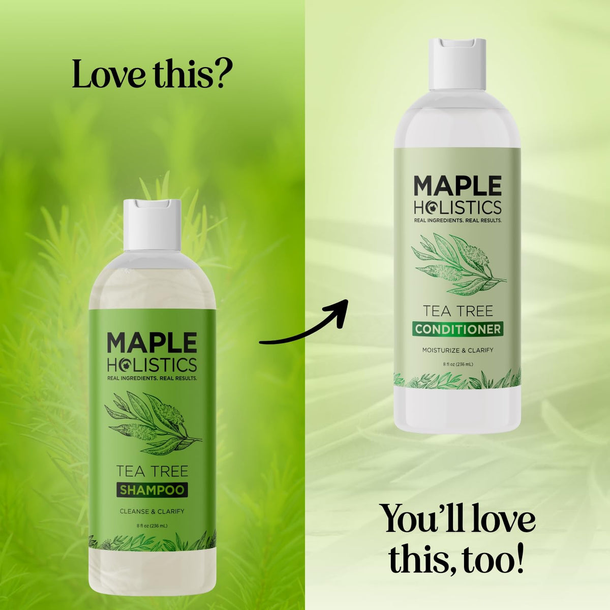 Maple Holistics with rosemary and tea tree visuals indicating natural oils