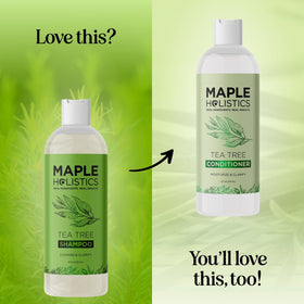 Maple Holistics with rosemary and tea tree visuals indicating natural oils