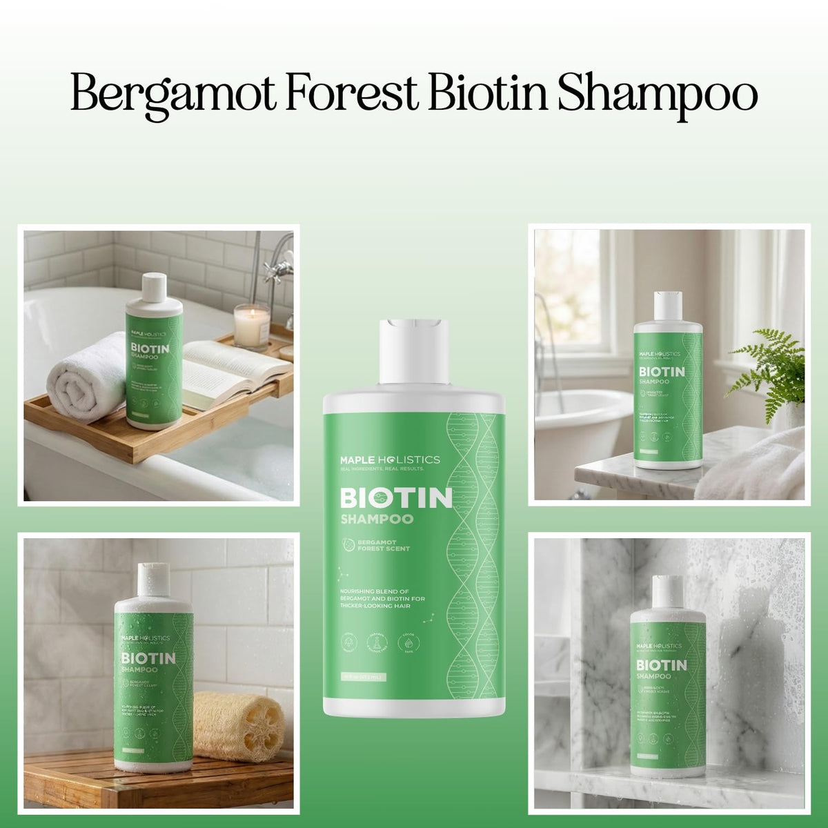 Maple Holistics shampoo pouring texture, shows lightweight biotin formula for easy application
