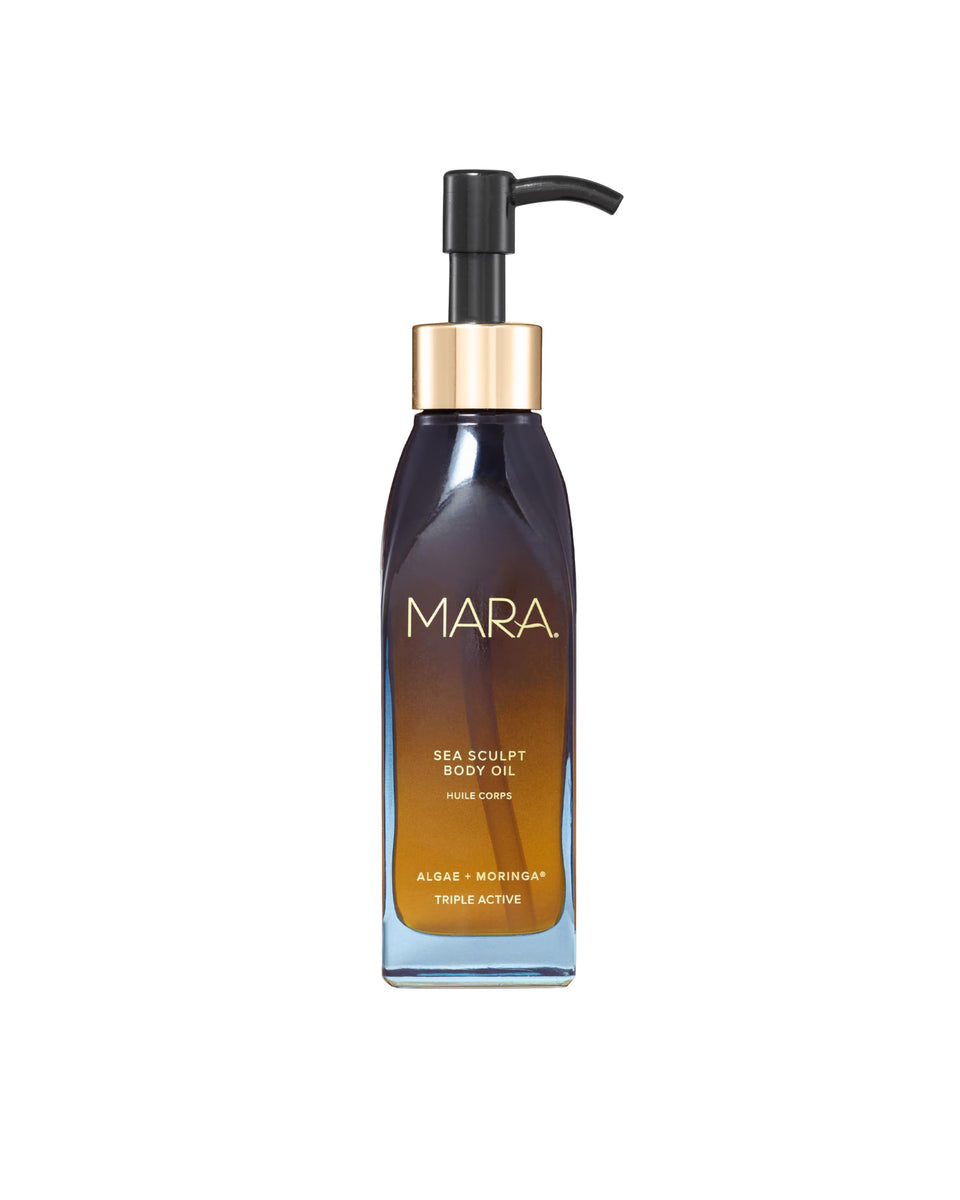 MARA bottle front view showing sleek packaging and sculpting oil benefits