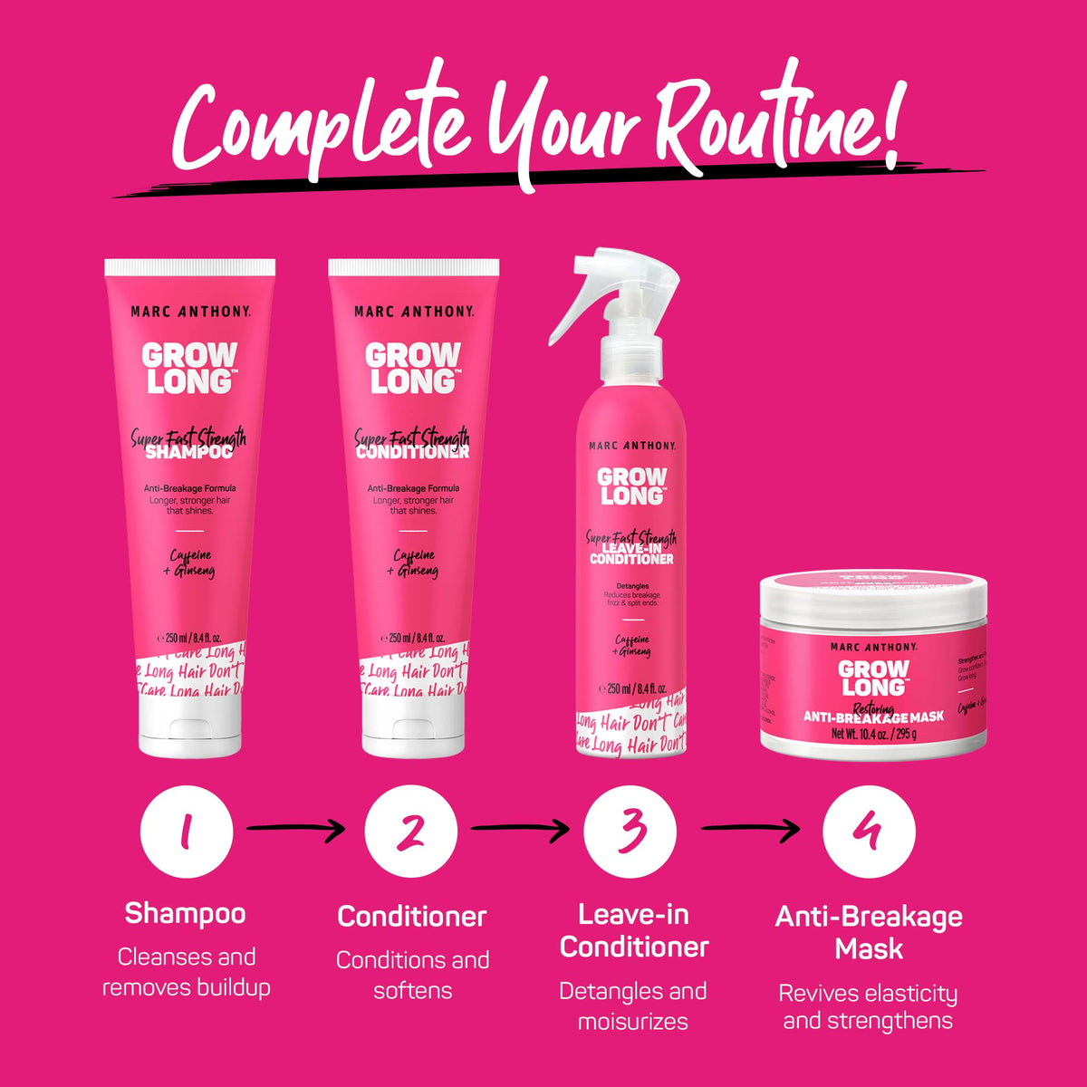Marc Anthony Grow Long set staged on bathroom shelf showing attractive gifting benefit