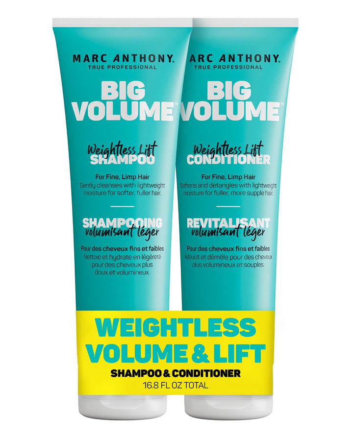 Marc Anthony front packaging showing bottles and easy-to-use volumizing benefit