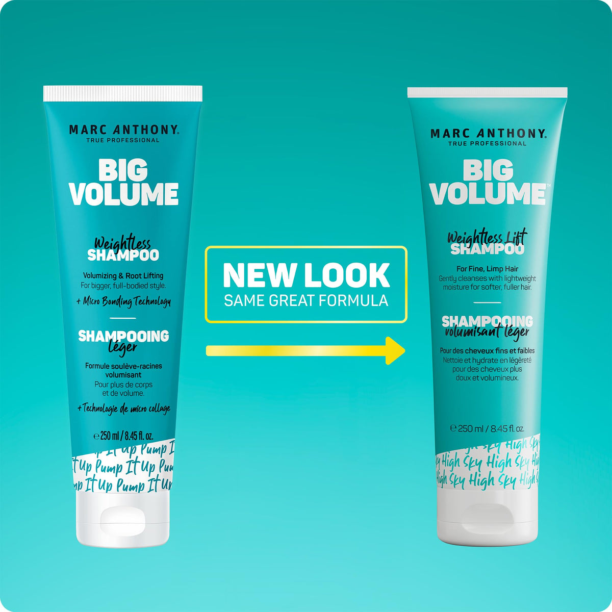 Marc Anthony set styled on bathroom shelf suggesting everyday volumizing routine
