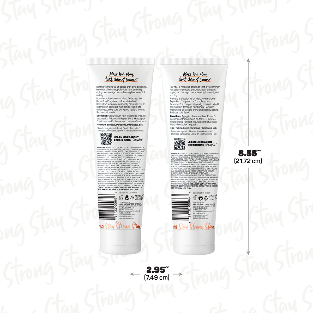 Marc Anthony bottles beside a hand showing 8.4 fl oz scale