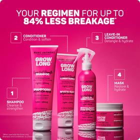 Marc Anthony Grow Long placed on bathroom shelf in routine setting for easy use