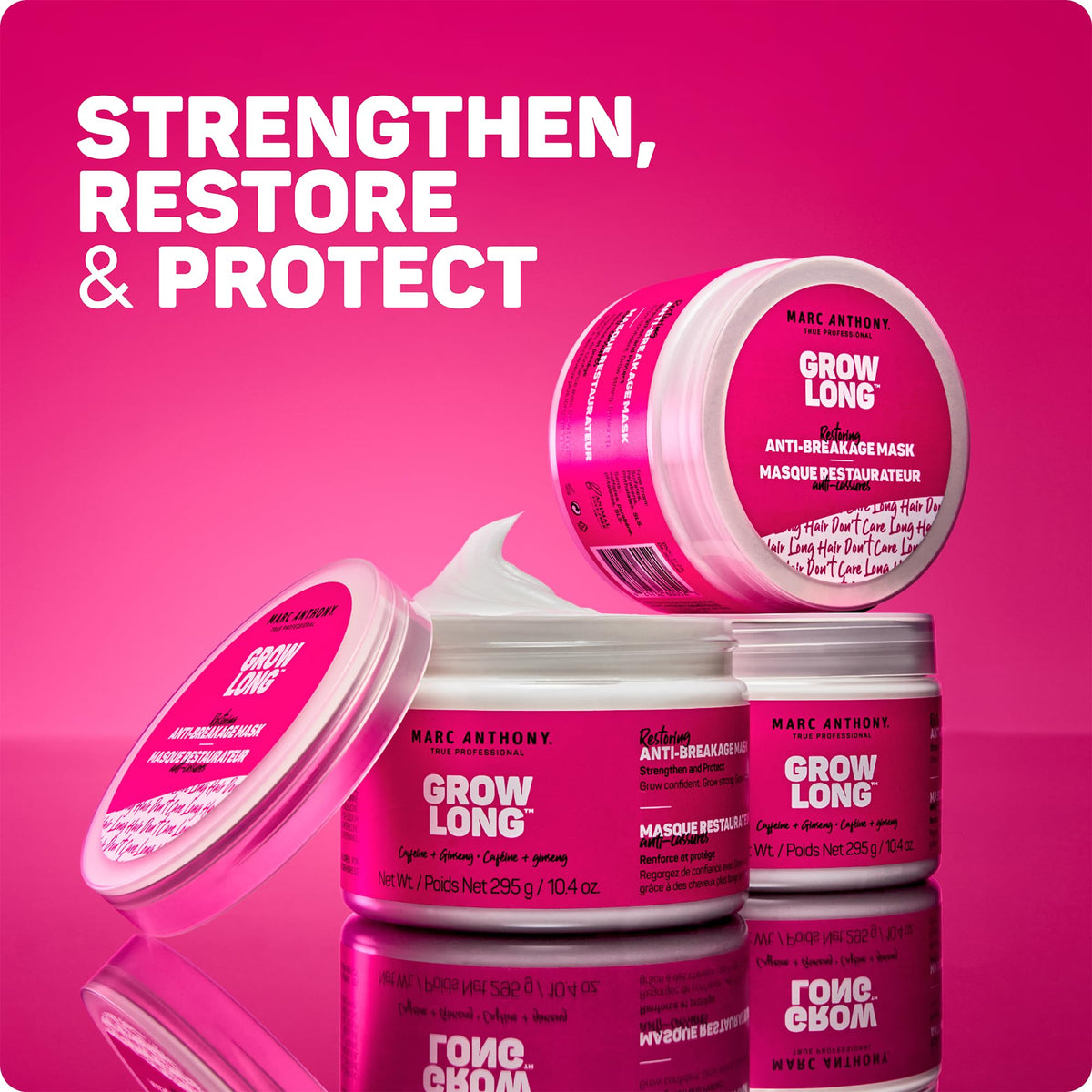 Marc Anthony Grow Long open jar showing creamy mask texture and nourishing formula