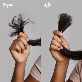 Marc Anthony set in use washing curly hair demonstrating reduced frizz benefit