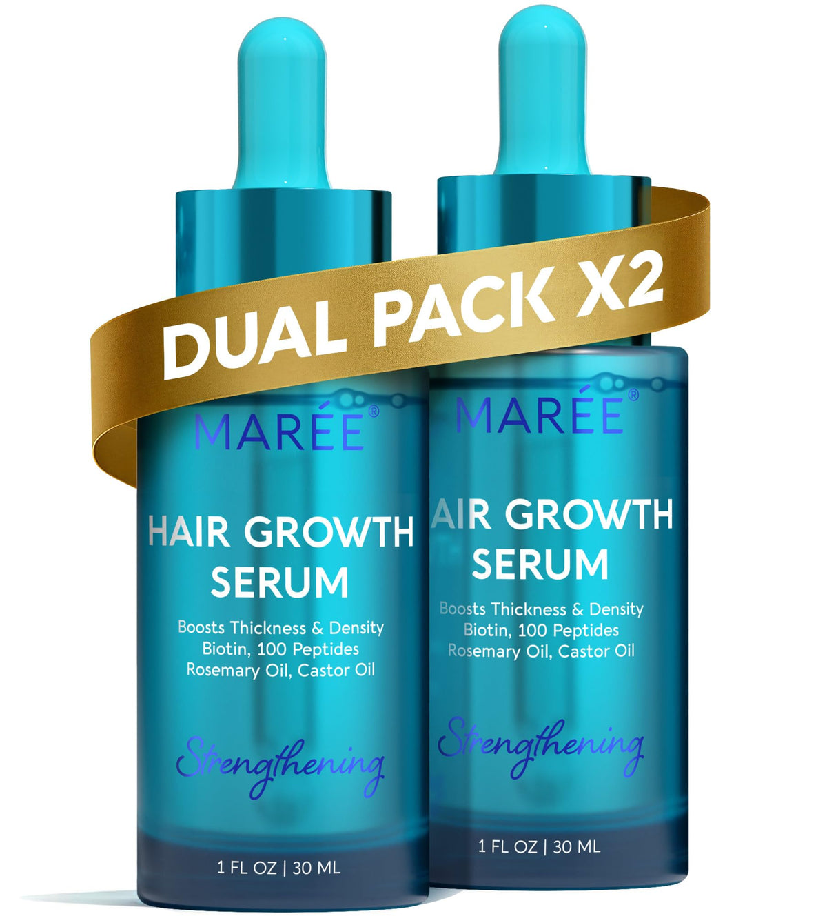 MAREE front packaging showing two serum bottles and clear benefits