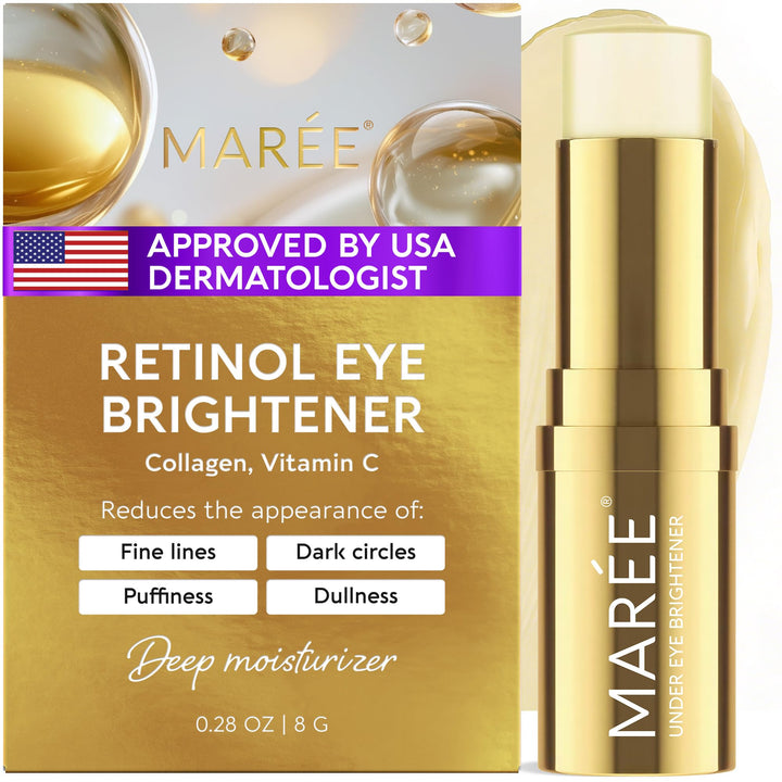 MAREE front packaging of under eye balm stick showing compact gold tube and benefits