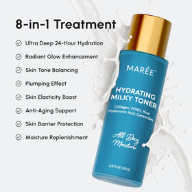 MAREE ingredient bottles featuring niacinamide and collagen for brightening benefits