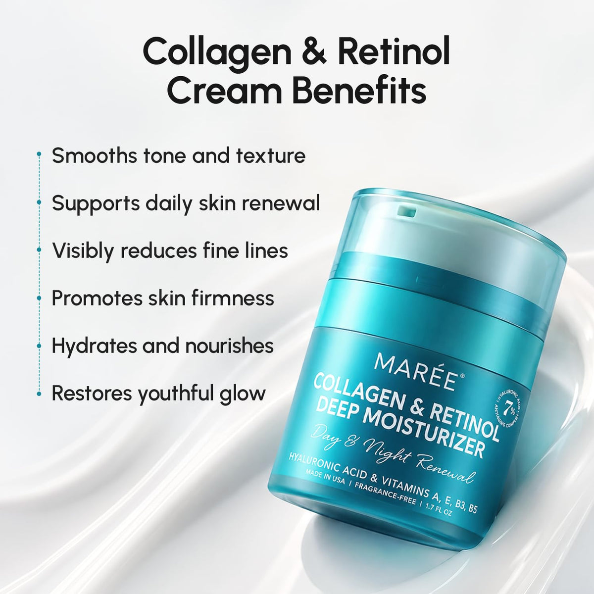 MAREE jar open showing rich cream and easy scoop for application benefit