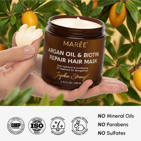 MAREE label close-up highlighting keratin biotin collagen benefits